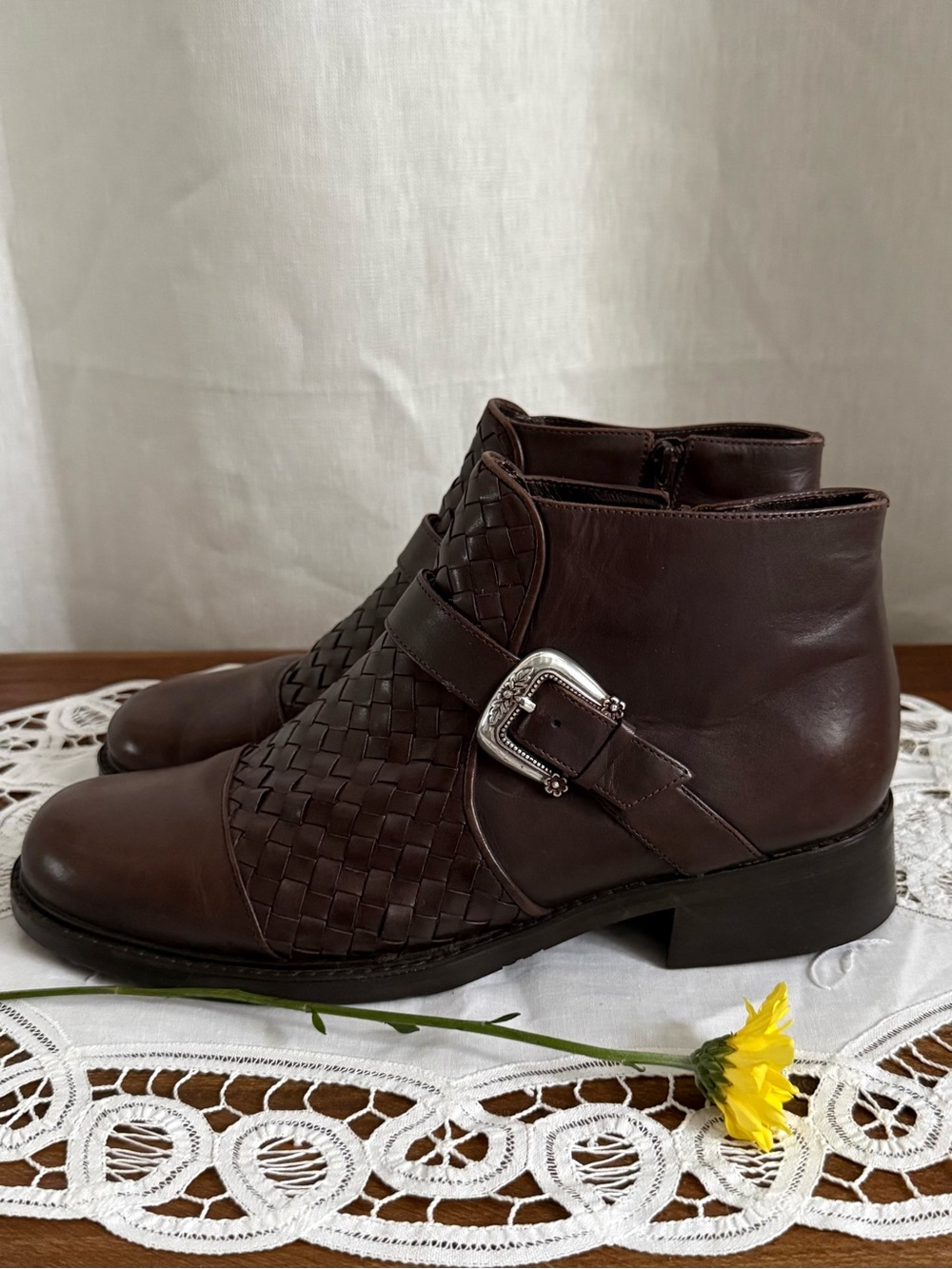 Brighton Leather Boots 10 Brown Woven Lattice Basketweave Buckle Ankle Booties